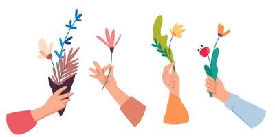 Collection of hand in different gesture holding or giving bouquets or flowers. Spring holiday flat vector concept. Bundle of floral decorative design elements isolated on white background.