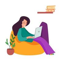 Vector illustration girl with laptop sitting on the pouf at cozy home. Freelance or studying and working at home concept design.  Female daily lifestyle flat style isolated on white background.