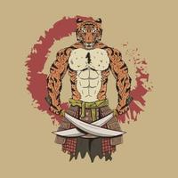 Illustration vector graphic of Strong Samurai Tigerman with two blades. Animal Mutant character. For game character, cartoon character, sticker, tshirt, and nft base character.