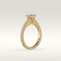 solitaire engagement ring standing position in metal gold 3D render photo