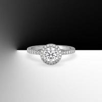 gold halo engagement ring with round center stone and side diamonds on shank 3d render photo