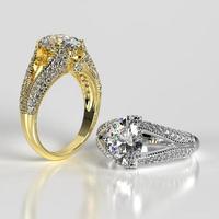 oval engagement ring in yellow and white gold 3d render photo