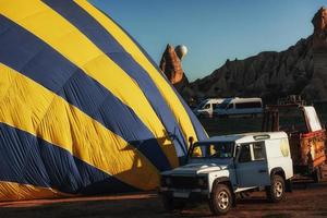 color hot air balloon with close up view against photo