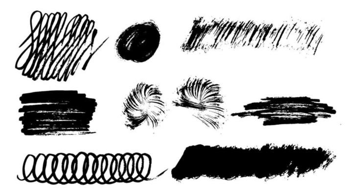 Strokes. Grunge design elements. Rectangular text boxes, speech bubbles. Distress messy texture banners. Ink splatter. Rough painted texture.