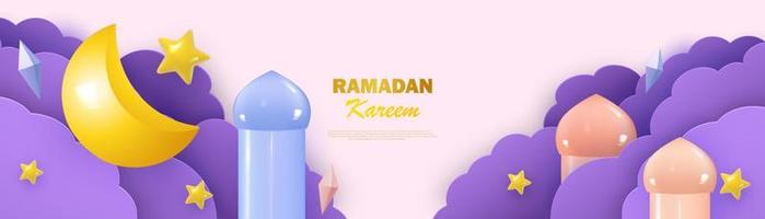 Ramadan Kareem horizontal banner, template header for website. Realistic 3d design. The traditional religious symbol is the crescent moon, arabesques in the clouds. Vector illustration.