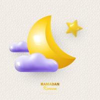Ramadan Kareem holiday design. Background crescent moon with golden star and lilac clouds. Festive banner, poster, flyer, brochure, postcard. Vector illustration