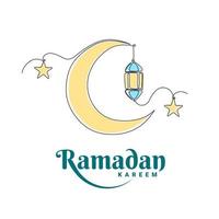 plantillas de tarjetas de felicitación ramadan kareem y eid. concepto de diseño simple con dibujo de una sola línea de linterna, luna creciente, estrellas. vector