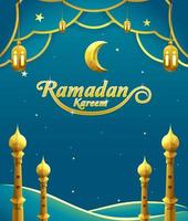 Ramadan Kareem background with crescent moon decoration, lantern, mosque tower vector