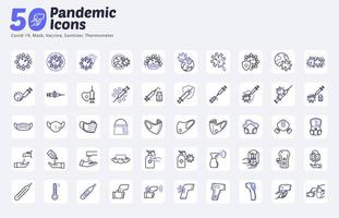 50 Pandemic Icons Pack, Covid 19, Mask, Sanitizer, Vaccine, Thermometer, vector