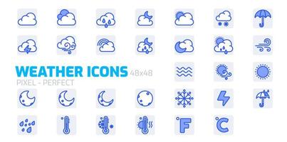 conjunto de iconos meteorológicos para aplicaciones web y móviles, iconos planos azules ilustraciones vectoriales vector