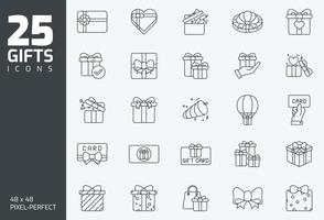 conjunto de iconos de regalo, regalos, tarjetas de regalo, presente, sorpresa, conjunto de ilustración de iconos de vector de contorno