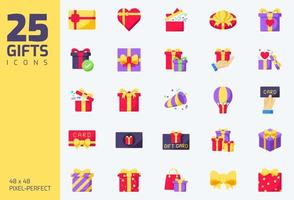 conjunto de iconos de regalo, regalos, tarjetas de regalo, presente, sorpresa, conjunto de ilustraciones vectoriales de iconos planos de colores vector