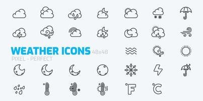 conjunto de iconos meteorológicos para aplicaciones web y móviles, iconos de contorno ilustraciones vectoriales vector