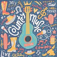 Country music illustration set for postcards or festival banners. Guitar with hand written lettering. Vector hand drawn simple dark concept.