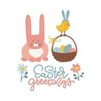 Happy Easter card with pink bunny, flowers, eggs basket and text - Easter greetings. Hand drawn vector flat illustration for postcard, poster, book cover