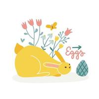 Cute bunny looking for Easter eggs . Happy Easter sign with arrow. Vector flat hand drawn illustration.