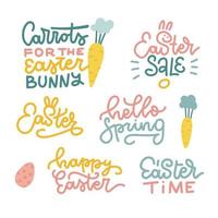 feliz juego de letras de pascua - hola primavera, venta de pascua. coloridas composiciones aisladas sobre fondo transparente. caligrafía lineal y elementos dibujados a mano. ilustración vectorial para carteles, tarjetas vector