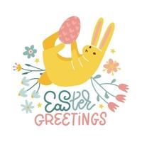 Easter bunny for greeting card or banner. Rabbit playing with colored egg isolated on white background. Poster template with lettering quote and cute adorable animal for kids. Vector illustration