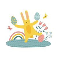 conejito haciendo malabares y jugando con huevos de pascua. lindos conejos amarillos con huevos decorados sobre un fondo blanco. ilustración vectorial infantil aislada vector