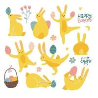 conjunto de conejos de pascua. lindos conejitos amarillos en diferentes poses y acciones: sentarse, acostarse, bailar, sostener huevos. ilustración vectorial dibujada a mano plana aislada en blanco vector