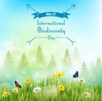 Biodiversity background with palm tree and flowers in grass on blue sky background.Vector