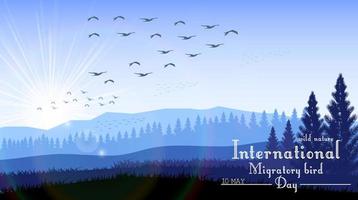 Birds migratory day with mountains and palm tree on sunrise background vector