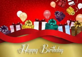 Birthday background of party with color balloons and gift boxes on red curtain background.Vector vector