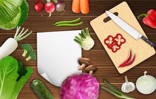 Vegetables on the table with paper and cutting board vector