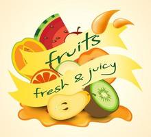 Fresh fruits with labels on yellow background vector