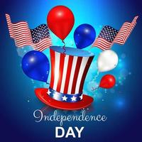 día de la independencia con sombrero, globos y bandera americana vector