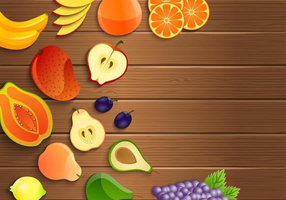 Fresh fruits on a brown wooden background.Vector