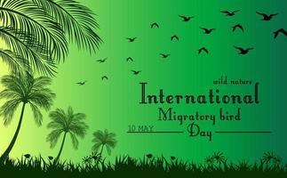 Green background with palm tree and flying birds vector