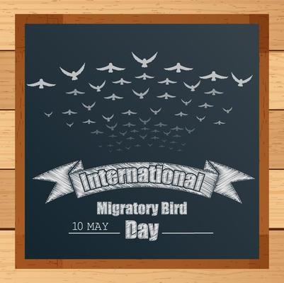 Migratory birds mechanism with ribbon and flying birds written by chalk on blackboard.Vector