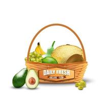 Fresh fruits in wicker basket isolated on white.vector vector