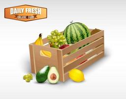 frutas frescas en cajas de madera sobre un fondo blanco.vector vector