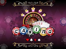 Background purple with casino roulette wheel, and playing cards and chips vector