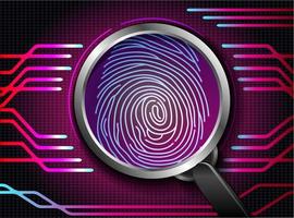 Magnifying glass on fingerprint with concept red abstract technology background vector