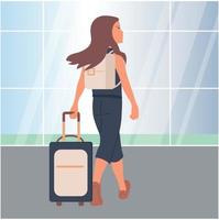 Girl with a backpack and a suitcase at the airport. She arrived in a new and unfamiliar city. Surprised vector