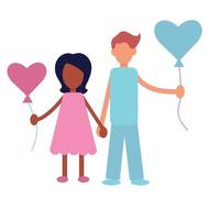 Cartoon girl and boy fall in love. Heart shaped balloons, Valentine s day vector design concept