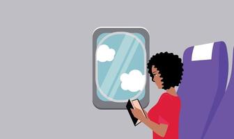 woman travels by plane. The passenger is sitting and reading a book vector