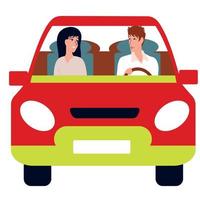 Drive. A loving man and woman are driving in a red car. The guy is driving. Husband and wife, family trip vector