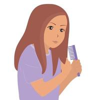 The girl is combing her hair, holding a lock of brown hair in her hand vector