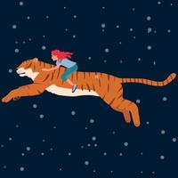 Girl riding a tiger in snowy weather. Fly through the air vector