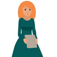 girl holds a white sheet of paper in her hands. Business lady or office worker. vector