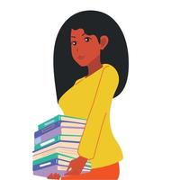 African American girl carries many books and documents. Business lady or office worker. vector