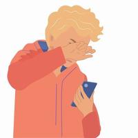 young guy is crying and suffering. Holds a mobile phone in his hand.Hand drawn style vector