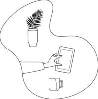 la mano sostiene un teléfono inteligente. ilustración en blanco y negro en estilo simple o dibujo a mano vector