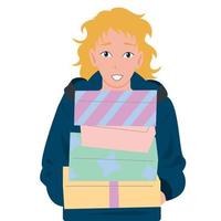 blond guy is carrying New Year's gifts. Vector graphics in the style of flat