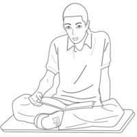 A black and white guy sits cross-legged and reads a book. Vector, cartoon. vector