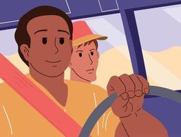 Two young guys are driving in a car on the road vector